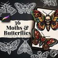 Procreate, Traditional Moths & Butterflies Tattoo flash art , 36 Unique references for Procreate, Outlined tattoo stencil art