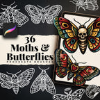 Procreate, Traditional Moths & Butterflies Tattoo flash art , 36 Unique references for Procreate, Outlined tattoo stencil art