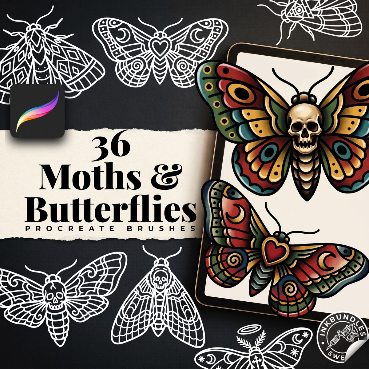 Procreate, Traditional Moths & Butterflies Tattoo flash art , 36 Unique references for Procreate, Outlined tattoo stencil art
