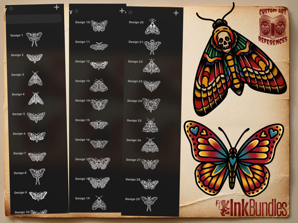 Procreate, Traditional Moths & Butterflies Tattoo flash art , 36 Unique references for Procreate, Outlined tattoo stencil art