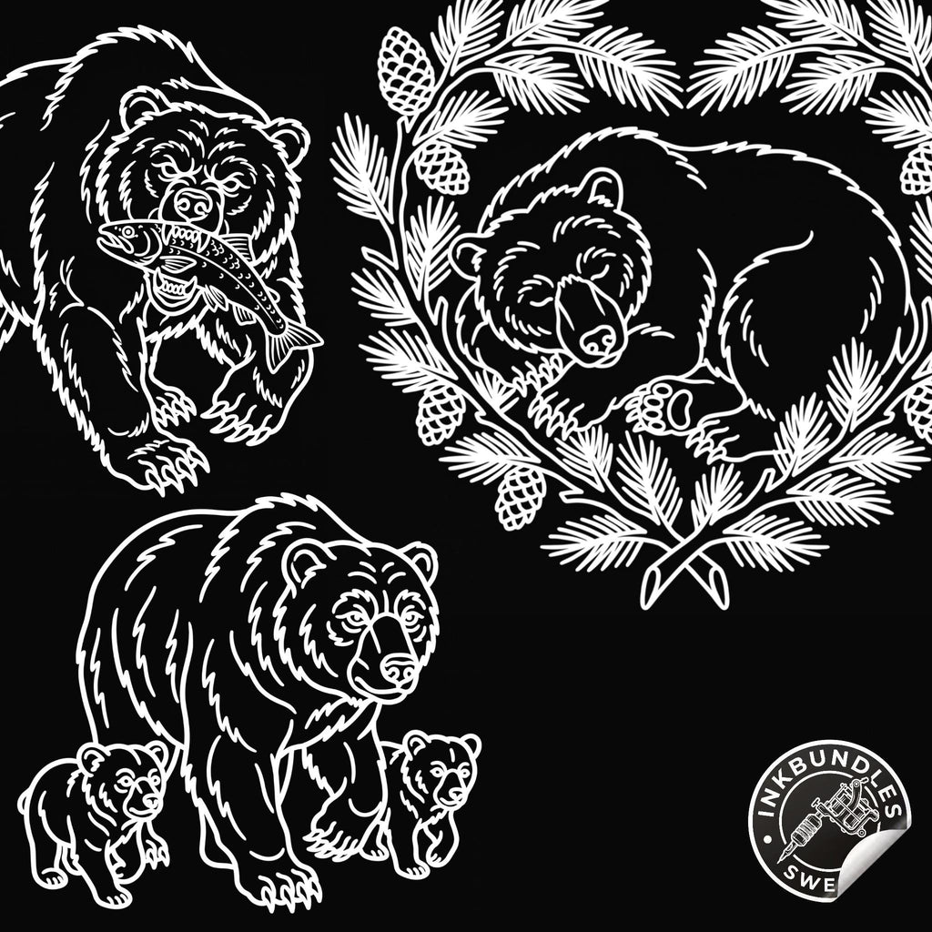 Procreate, Traditional Bears Tattoo flash art , 36 Unique references for Procreate, Outlined tattoo stencil art