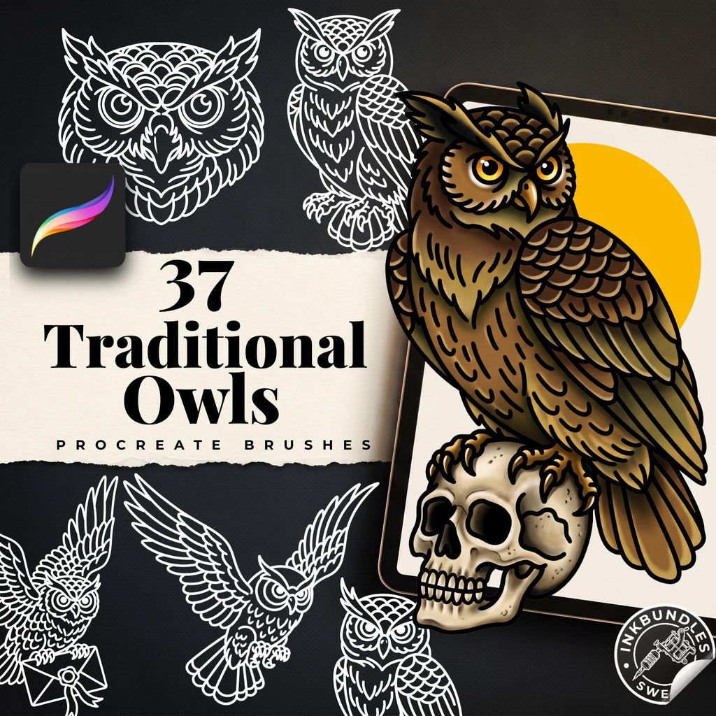 Procreate, Traditional Owls Tattoo flash art , 37 Unique references for Procreate, Outlined tattoo stencil art
