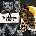 Procreate, Traditional Owls Tattoo flash art , 37 Unique references for Procreate, Outlined tattoo stencil art