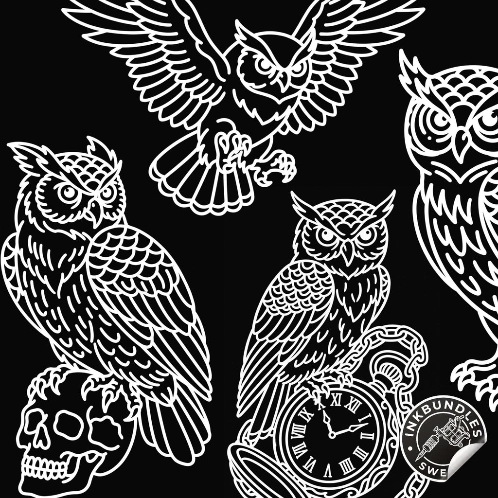 Procreate, Traditional Owls Tattoo flash art , 37 Unique references for Procreate, Outlined tattoo stencil art