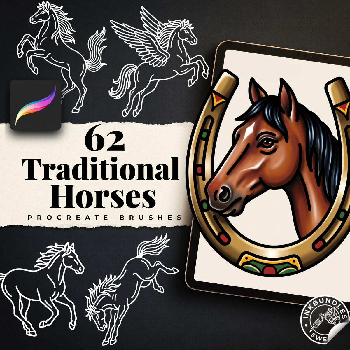 Procreate, Traditional Horses Tattoo flash art , 62 Unique references for Procreate, Outlined tattoo stencil art