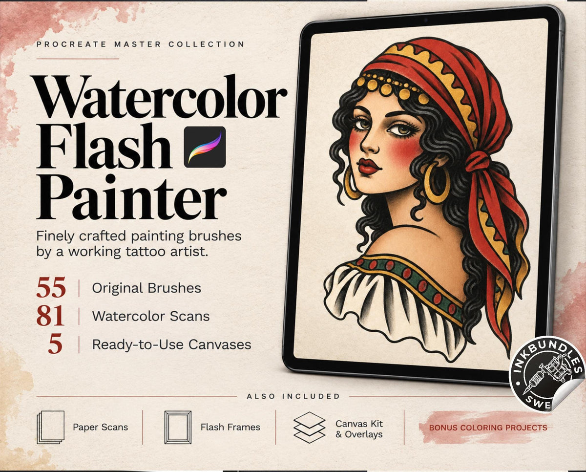 Tattoo Flash Painter – Procreate Watercolor Brushes & Canvases