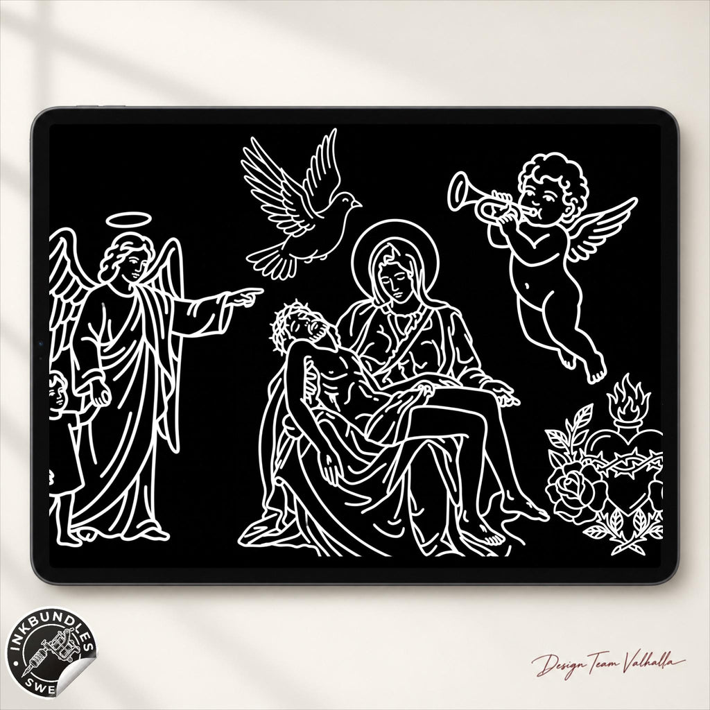 Procreate, Traditional Religious Tattoo flash art , 64 Bold - Unique references for Procreate, Outlined tattoo stencil art