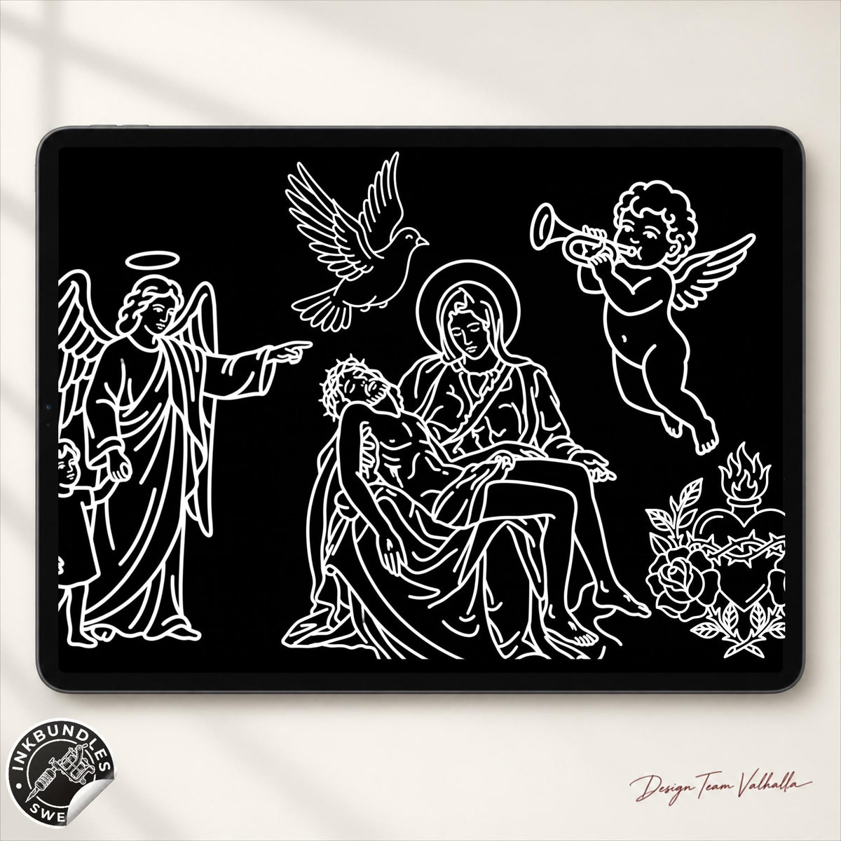 Procreate, Traditional Religious Tattoo flash art , 64 Bold - Unique references for Procreate, Outlined tattoo stencil art