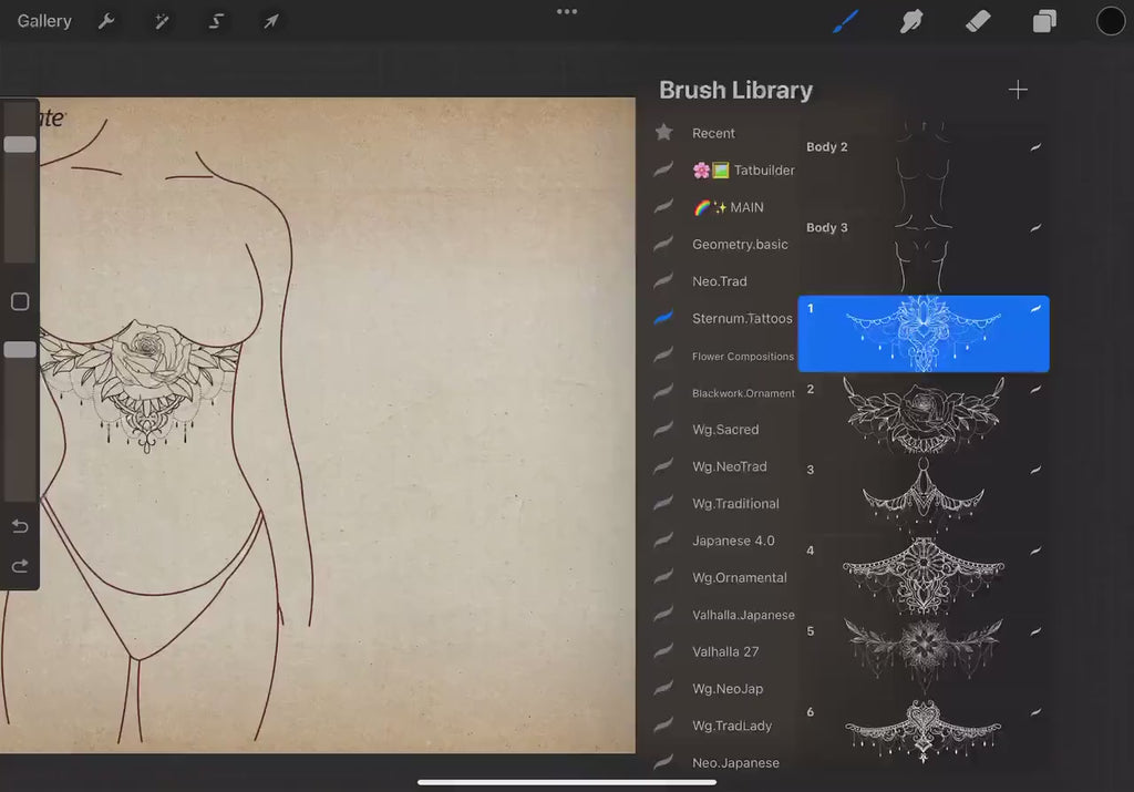Sternum Tattoo Designs for Procreate: 25 Ready-Made Stamps + Construction Kit (Digital Download